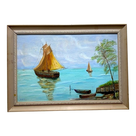 Vintage Mid Century Framed Oil “Fishing Boat Under Sail” By E.O.C. - Picture 1 of 3